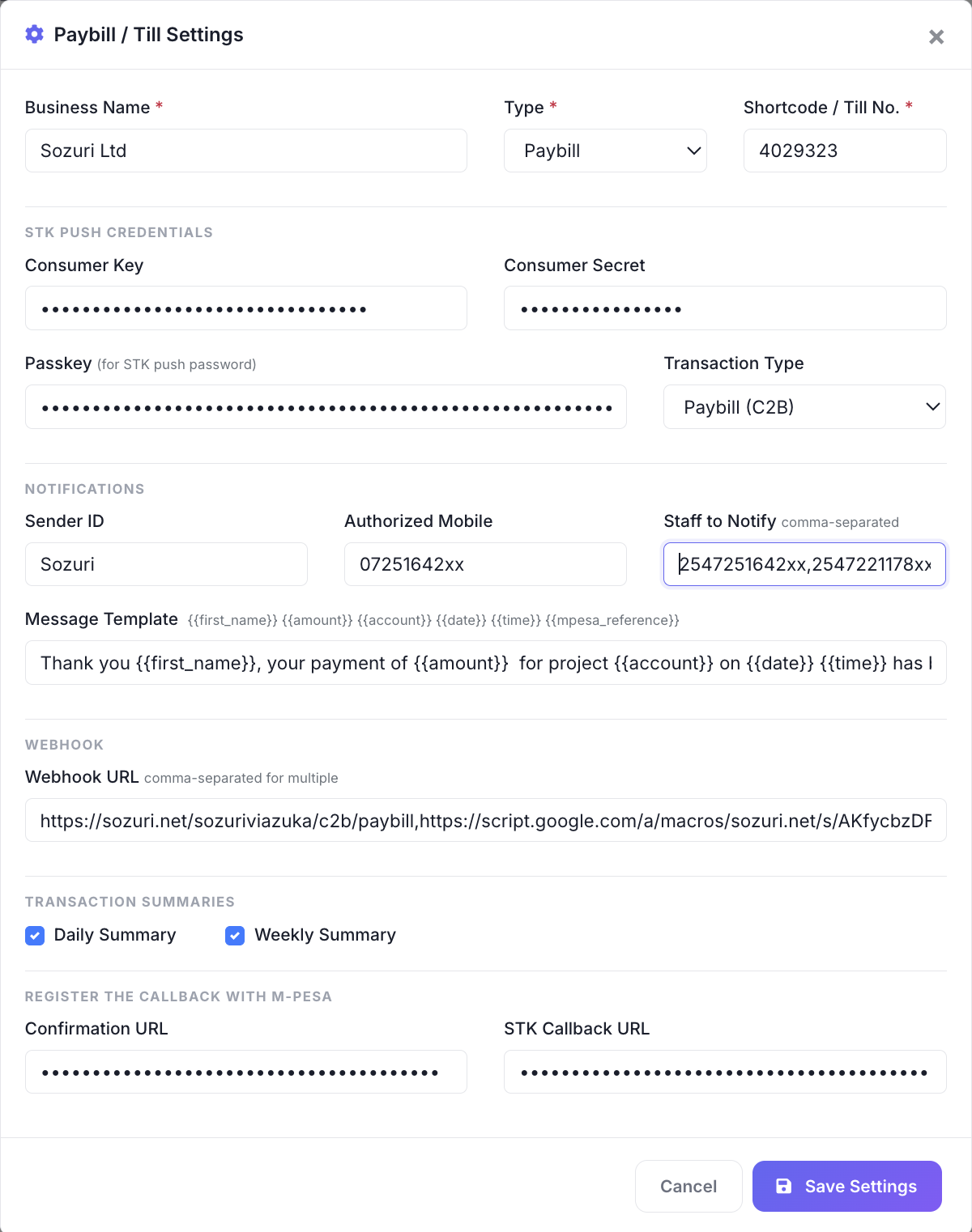 Payments settings dialog
